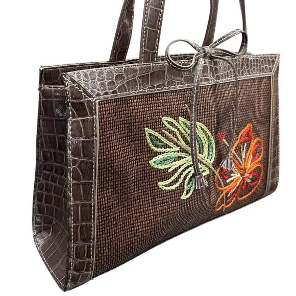 Liz Claiborne Vintage Brown Woven Straw Floral Embroidery Satchel Purse Bag - Picture 3 of 10